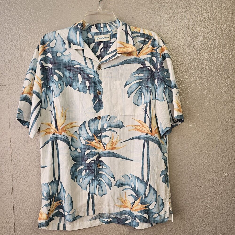 Caribbean Tropical Hawaiian Shirt Mens Med Blue Floral Camp Collar Short G163